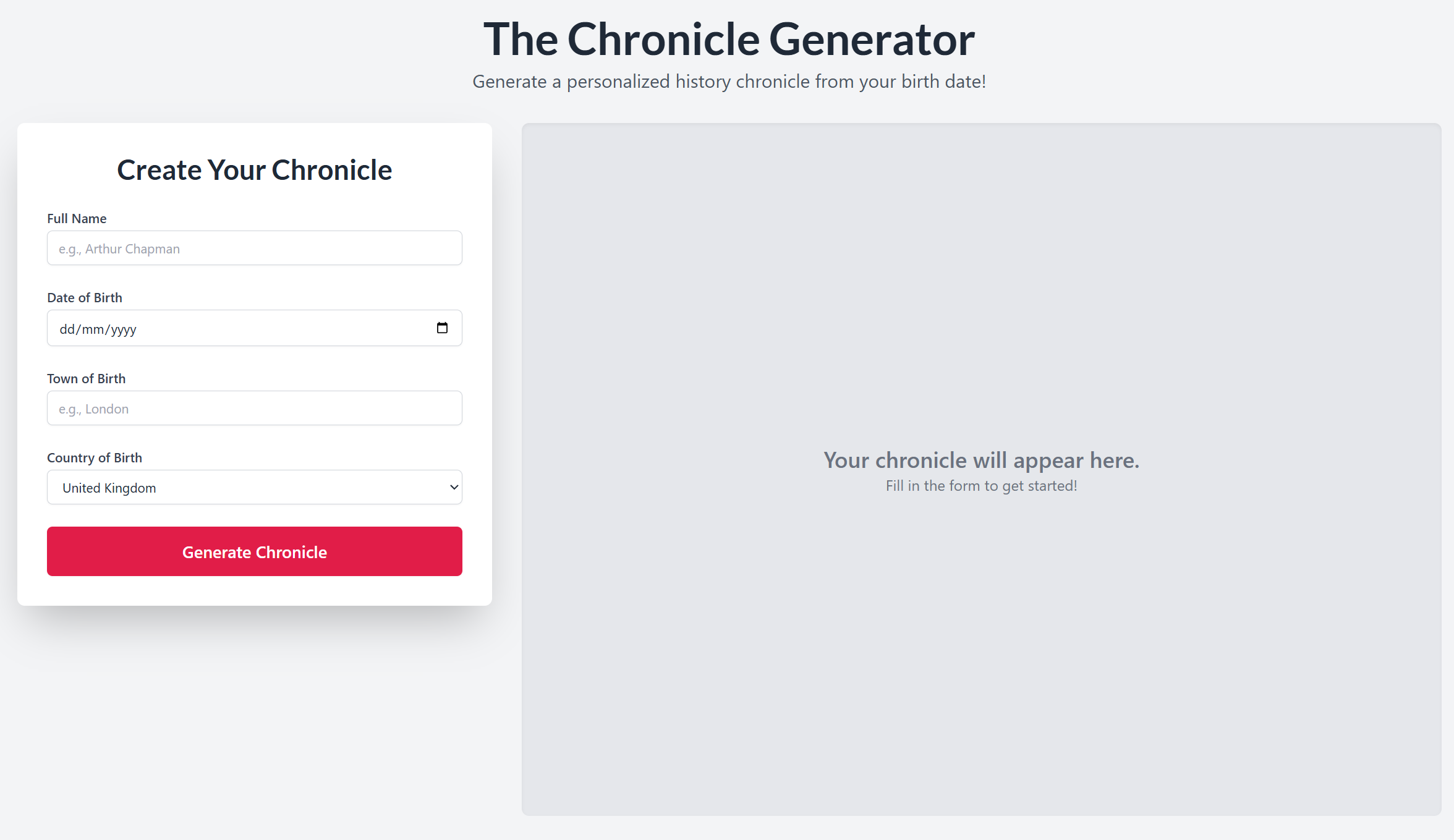 Screenshot of the chronicle generation form