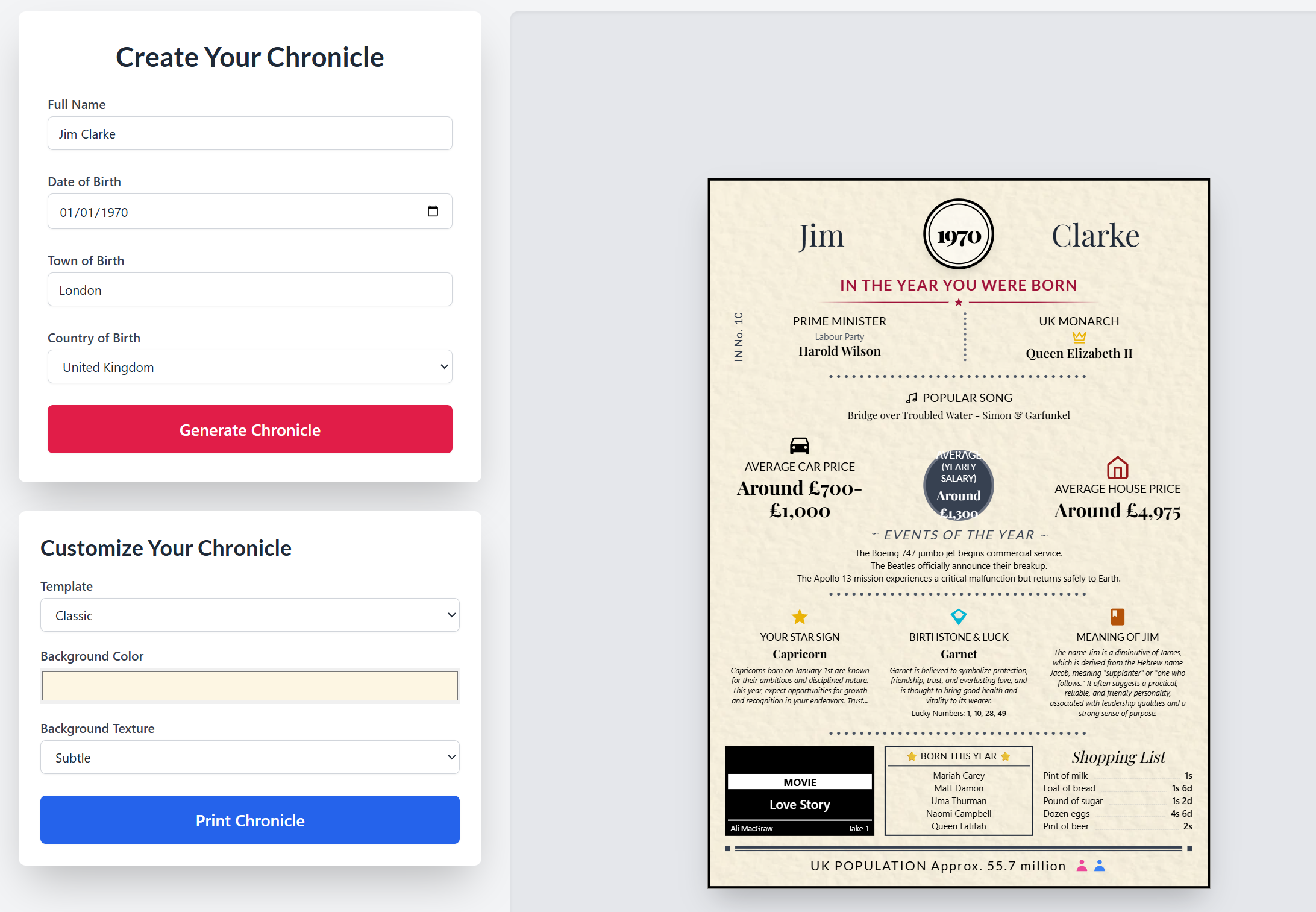Screenshot of the customization options