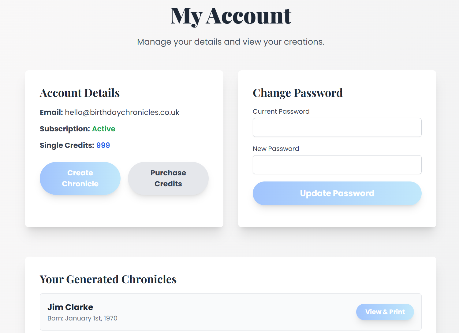 Screenshot of the user's account page